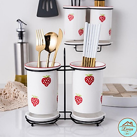 Mua Ống đựng đũa sứ 2 lọ trắng để bàn họa tiết dâu tây đỏ dễ thương