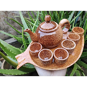 Mua Bộ Bình Trà Bằng Gỗ Dừa Hình Chiếc Lá - Gồm 1 ấm trà  1 đĩa chiếc lá  6 ly tách - Quà tặng lễ Tết / trang trí handmade
