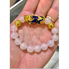 Vòng tay phong thủy đá mã não trắng MS344 Tỳ hưu đổi màu mix hạt kim tiền vàng