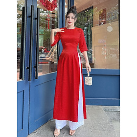 Áo dài gấm vân gỗ hoa hồng đính ngọc trai cổ AD016 - Lady Fashion