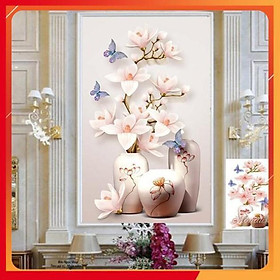 Tranh đính đá Bình hoa lan trắng Kt 57*70 cm | Tranh thêu chữ thập Bình hoa lan