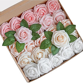 25 mảnh màu hồng nhân tạo hoa nhân tạo màu hồng bọt màu hồng với lá và que, màu hồng nhân tạo cho các bó hoa đám cưới tự làm Mariée trang trí tiếp tân (màu sắc hỗn hợp)