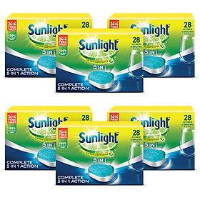 Combo 6 Hộp Viên Rửa Chén Bát 28Vhộp Sunlight 5 in 1 Cho máy rửa chén bát Công nghệ PureClean không để lại vêt ố