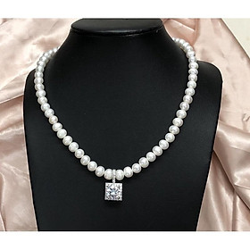 Dây Chuyền Mặt Đá Vuông Hạt Ngọc Trai Nước Ngọt 7 Ly Thanh Lịch - Trường Thịnh Ngọc Trai