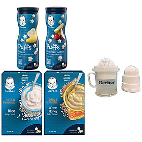 Combo Gerber Ăn Dặm Toàn Diện 1 (gồm 2 bột Gerber Bột gạo và Lúa mì mật ong, 1 Gerber Chuối, 1 Gerber Dâu Táo) tặng bộ vắt cam và nghiền thức ăn đa năng