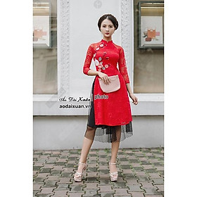 Áo dài đỏ ren 4 tà ngắn cách tân đính cườm hoa 3D - kiểu áo dài có cổ 2cm - 200208