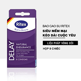 Bao cao su RITEX DELAY - Kéo dài thời gian Liệu pháp vòng đôi (Hộp 8 chiếc) JN-RI-DELAY8