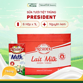 Thùng 6 Hộp Sữa tươi tiệt trùng nguyên kem cao cấp President không đường | Hộp 1L - Nhập khẩu chính hãng từ Pháp