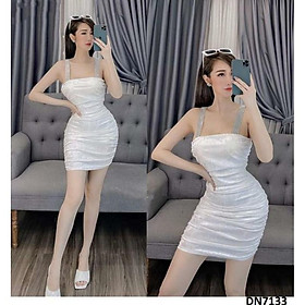 Đầm nhung 2 dây phối hạt sòn