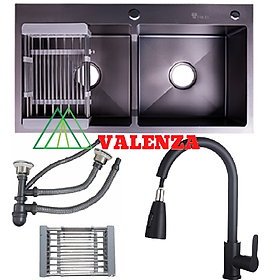 Chậu rửa chén inox 304 nano kháng khuẩn 8245 kèm vòi nước rửa chén inox 304 nano kháng khuẩn Valenza cao cấp rổ inox bộ xả chậu