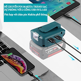Mua Đế chuyển pin makita thành sạc dự phòng với 2 cổng USB 5V2.1Ah  cổng DC12V tích hợp đèn led 3 chế độ sáng