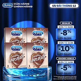 Bộ 4 hộp bao cao su Durex Naughty Chocolate hương socola, size 52mm, 3 bao/hộp