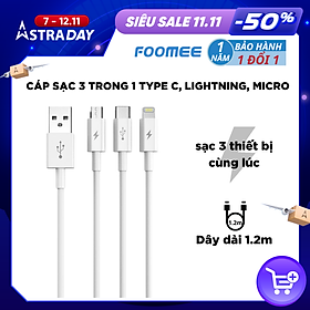 Mua Dây cáp sạc 3 trong 1 (Lightning/Type-C/Micro) FOOMEE TF12 - Màu trắng - Hàng chính hãng