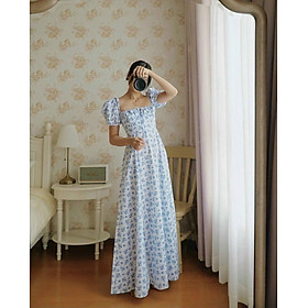 Đầm midi trễ vai hoa xanh đi biển, đi rừng siêu đẹp - Rossy Fashion