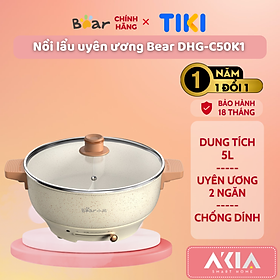 Nồi lẩu điện 2 ngăn uyên ương Bear DHG-C50K1, dung tích 5L, lòng nồi chống dính - HÀNG CHÍNH HÃNG