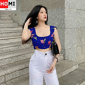 ÁO CROPTOP CÓ VAI HỌA TIẾT HOA,CỔ VUÔNG CỰC TÂY, MÀU XANH, HOMI FASHION