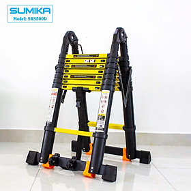 Thang nhôm rút chữ A Sumika SKS500D (2.5M+2.5M) - Sơn tĩnh điện, chống trầy xước, khóa chốt cao cấp, nhiều đế cao su chống trượt, bậc thang diện tích rộng, thanh giằng giữa 2 bên thang