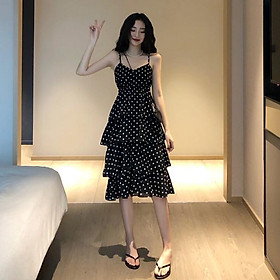 VÁY MAXI 2 DÂY CỔ V CHẤM BI XÒE TẦNG ULZZANG - KÈM ẢNH FEEDBACK CUỐI