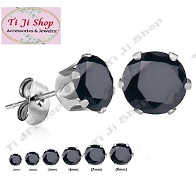 Bông tai inox đá tròn màu đen cao cấp không đen, không gỉ sét,  không dị ứng