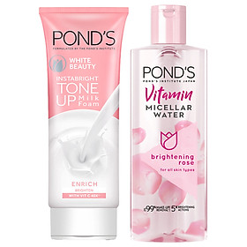 Combo Nước Tẩy Trang Vitamin Và Hoa Hồng Sáng Da Pond's Micellar Water 100ml + Kem Sữa Rửa Mặt Dưỡng Trắng Nâng Tông Pond's White Beauty 100ml