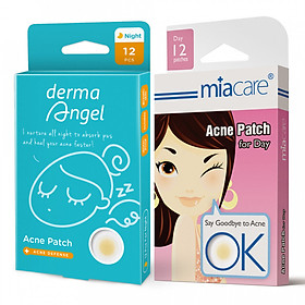Combo 2 hộp miếng dán hỗ trợ điều trị mụn dermaAngel ban đêm + Miacare ban ngày (24 miếng)