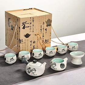 Ấm pha trà kiểu Nhật, pha trà đạo, bộ chén trà họa tiết hoa sen