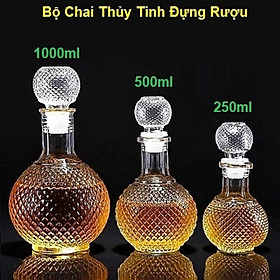 Chai Đựng Rượu Thủy Tinh (combo 3 cái 1000ml-500ml-250ml) cao cấp mẫu bầu tròn giác kim cương – Vỏ Chai Rượu Đẹp (A2,C6,D2)