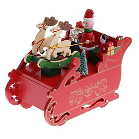 Wood Music Box Christma Sleigh Santa Claus Toy Decoration Clockwork Red