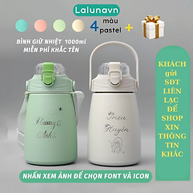 Mua Bình giữ nhiệt Inox304 1000ml KHẮC TÊN bình nước 4 màu có ống hút giữ nhiệt 12h tặng Sticker trang trí-B115