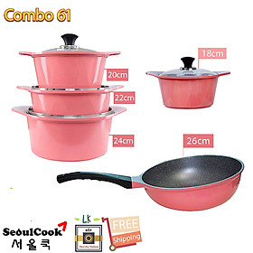 Combo 5 món cao cấp, bộ 4 nồi đúc ceramic 2 tay cầm (Size 18-20-22-24cm) và Chảo đúc chống dính vân đá Hàn Quốc sâu lòng size 26cm - Hàng chính hãng