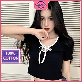 Áo croptop nữ ôm body tay ngắn , áo crt cổ chữ v phối nơ thun gân 100% cotton đẹp mịn mát free size dưới 50 kg