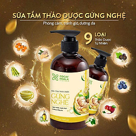 Sữa tắm thảo dược Gừng Nghệ Cỏ Cây Hoa Lá - Chiết Xuất Từ 9 Loại Thảo Dược Quý - Phòng Cảm, Tránh Gió, Dưỡng Da - Cho Con Cho Mẹ, Cho Đại Gia Đình, chai 300ml