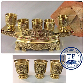Mua ĐỒ THỜ CÚNG BẰNG ĐỒNG  BỘ KHAY CHÉN 5 ĐỒNG VÀNG ( LY CHÉN CÓ KHẮC HOA SEN ) KH18105