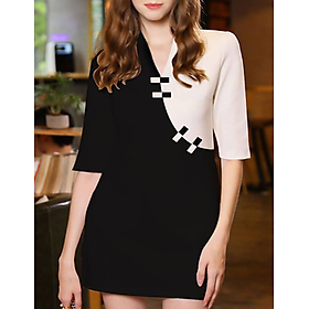 Đầm suông công sở cổ v phối trắng lạ mắt - DCS225