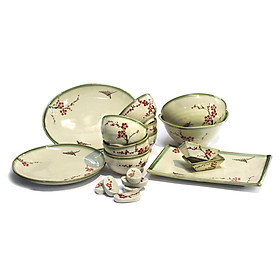 Bộ bàn ăn hoa đào gốm Bát Tràng 10 người ăn Mỹ Nghệ Việt MNV-BBA1