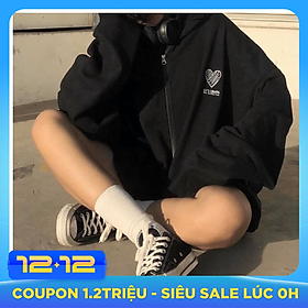 Áo Khoác Hoodie Nữ Thêu Tim Ngực Form Rộng Chất Liệu Thun Nỉ