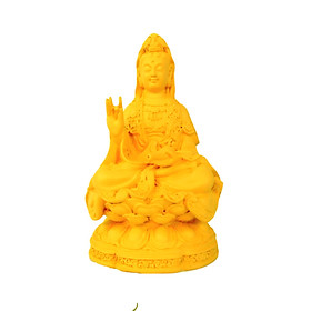 Tượng Quan Thế Âm Bồ Tát ngồi đài sen liền khối màu vàng gỗ 12 cm 