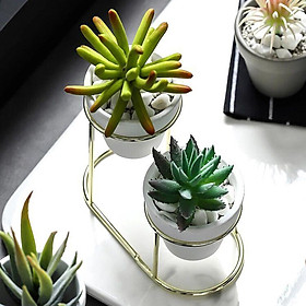 Ceramic Succulent Planter Pots with Metal Stand Holder Set, Planting Small Flower Planter Pots with Drainage, 5.11x3.93x2.36inch