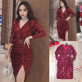 ĐẦM BODY KIM SA CAO CẤP tay dài cổ V đắp chéo nhúng thân tag eo hàng Thiết Kế