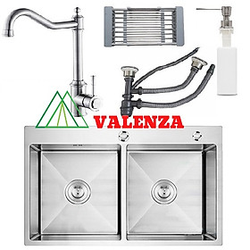 Combo chậu rửa chén bát hai hố cân Valenza sus304 8245 + vòi rửa bát sus304 cổ điển 2 đường nước + rổ inox đa năng + bình xà phòng