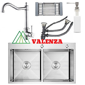 Mua Combo chậu rửa chén bát hai hố cân Valenza sus304 8245 + vòi rửa bát sus304 cổ điển 2 đường nước + rổ inox đa năng + bình xà phòng