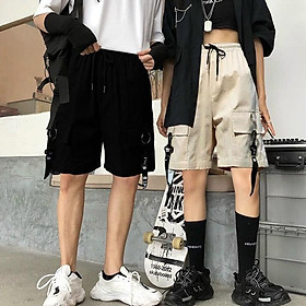 Quần short túi hộp unisex vải kaki co giãn phối dây
