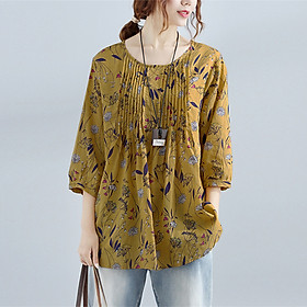 Áo Cotton Nữ Họa Tiết Hoa Cổ Tròn Kiểu Cổ Điển
