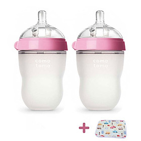 Bộ 2 bình sữa cho bé 250ml. Bình Sữa Silicone Comotomo chính hãng - Tặng kèm tấm lót chống thấm cho bé