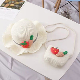 Set mũ cói cà rốt dâu tây + túi xách cói đi biển thời trang cho bé gái
