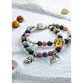 Vòng tay đôi phong thủy đá Tourmaline đa sắc thiên nhiên mix hổ phách AAAAA #VT041