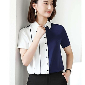 Áo Sơ Mi Nữ Ngắn Tay Hai Màu Xanh Trắng 