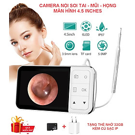 Mua Quà Tặng Kèm - Camera Nội Soi Tai Mũi Họng Màn Hình 4.5Inches Hỗ Trợ Chụp Ảnh  Ghi Hình Full HD 1080p. Digital Otoscope with 4.5 Inches Screen  3.9mm Ear Camera with 6 LED Lights  32GB Card  Ear Wax Removal Tool  Specula and 2600 mAh Rechargeable Battery