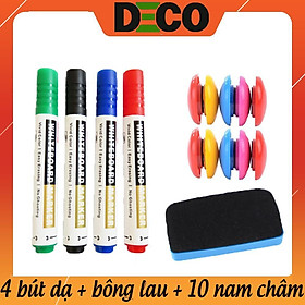 Bộ 4 Bút Dạ Viết Bảng trắng 4 màu khác nhau tặng kèm 10 nam châm và bông lau bảng từ trắng