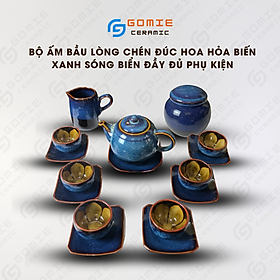 Bộ Ấm Bầu lòng chén đúc hoa HB Xanh Sóng Biển đầy đủ phụ kiện